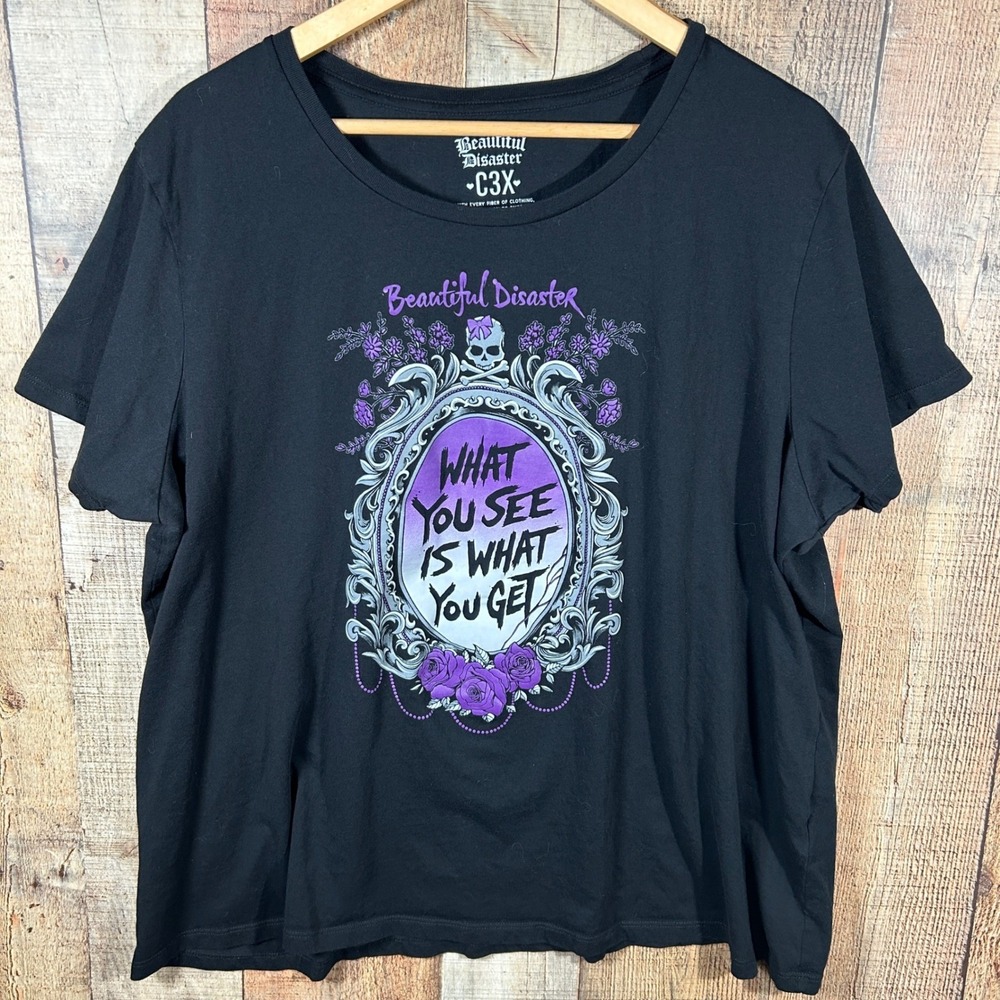 Beautiful Disaster Black Graphic Tee Purple Skull Mirror Gothic Shirt 3X